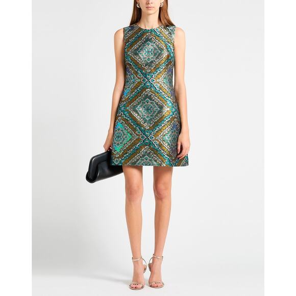 DOLCE & GABBANA Green Metallic  Jacquard Sleeveless Mini Dress 44 L - Picture 2 of 7